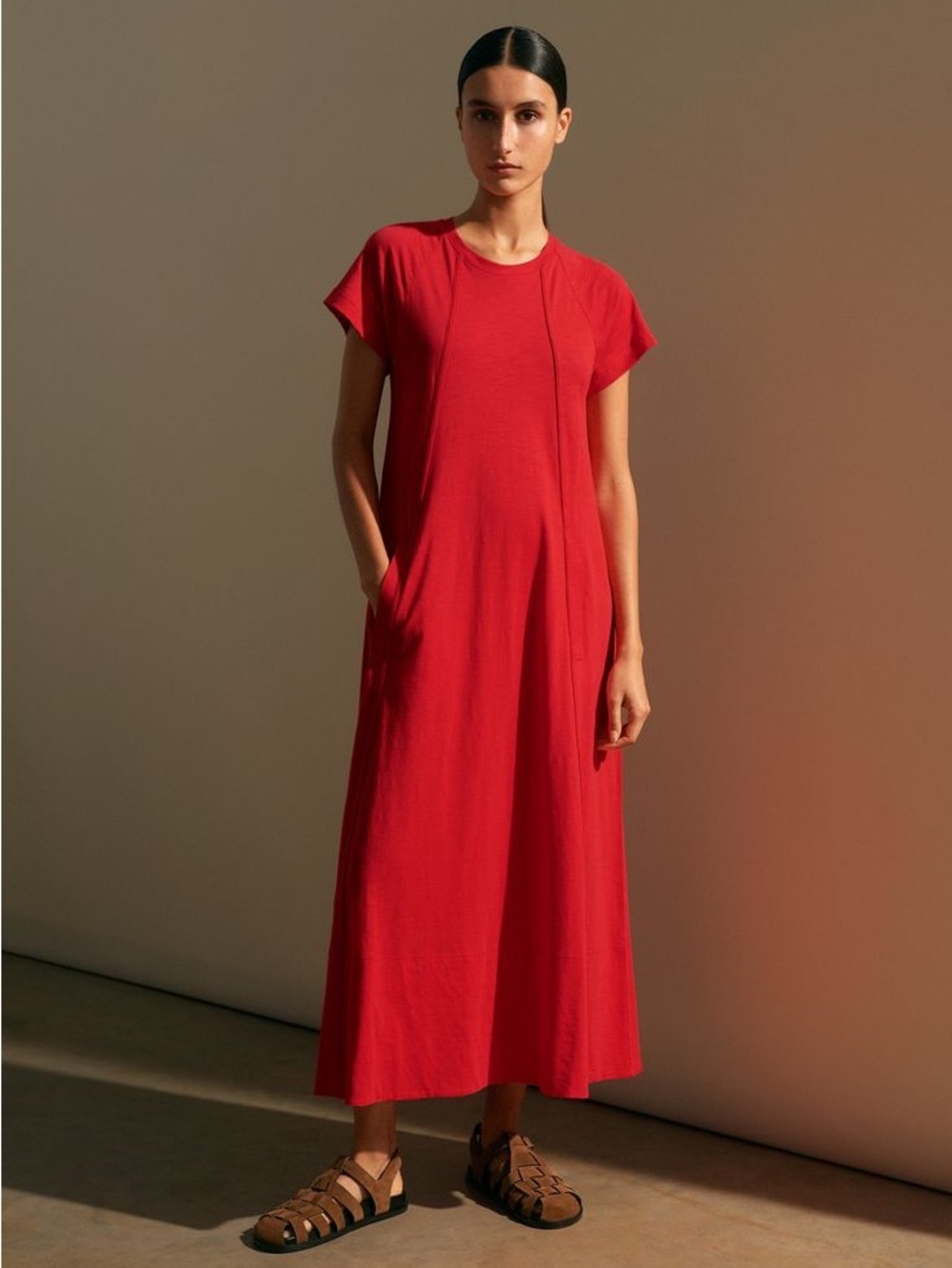 ME+EM Red Slub Jersey Midi Swing Dress Minimalist Basic Size 8